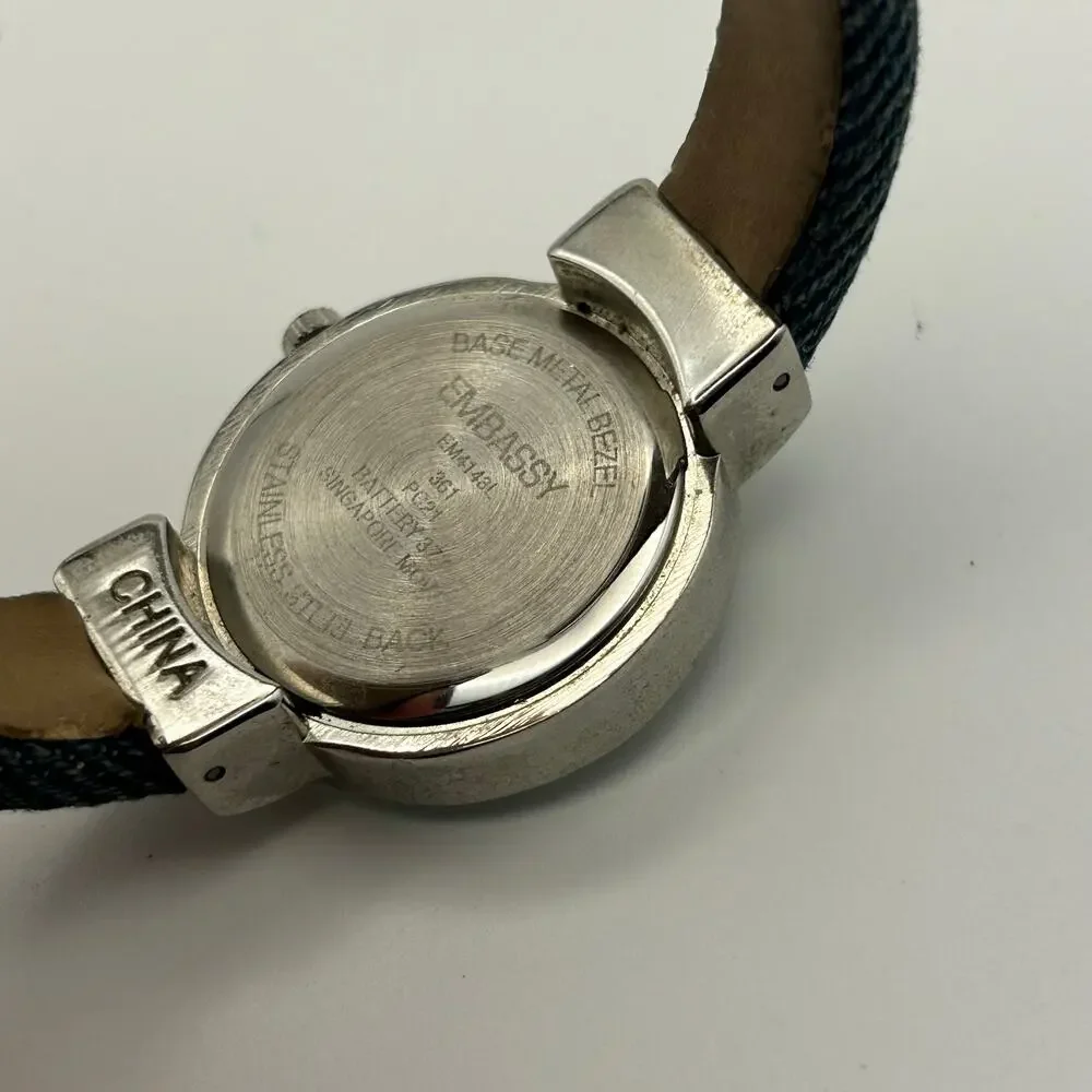 Vintage Embassy Women’s Quartz Watch Faceted Crystal Bezel Blue Denim Strap
